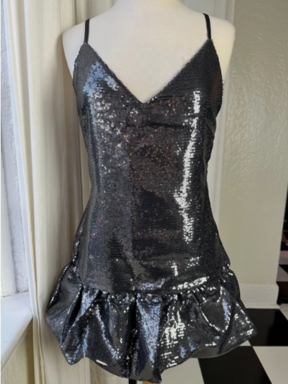 Girls Black Sequin Ruffle Hem Party Dress
